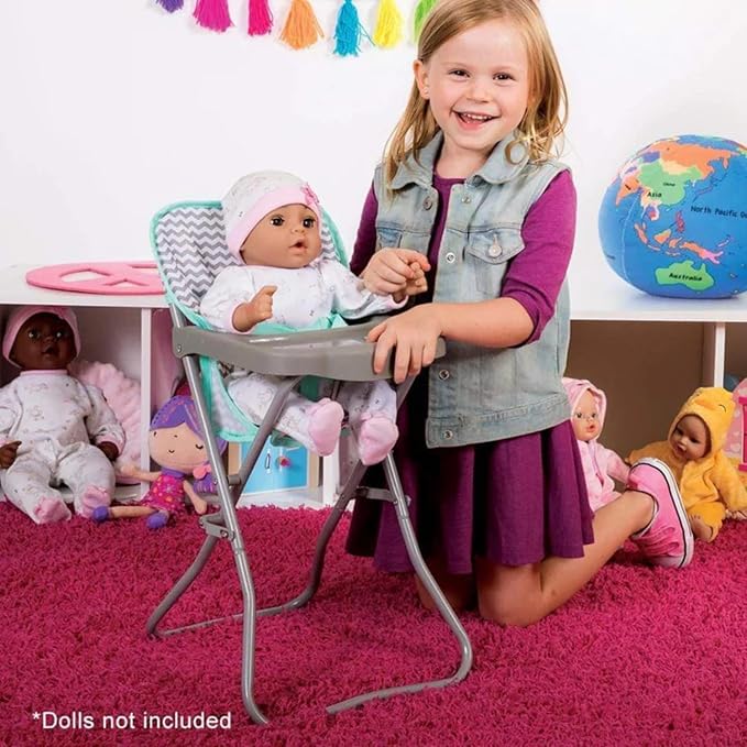 Adora Baby Doll Folding High Chair with Trendy Zig Zag Pattern and Strap for Added Security, Suits Most Plush Toys, Stuffed Animals and Dolls up to 16 inches Birthday Gift for Ages 3+