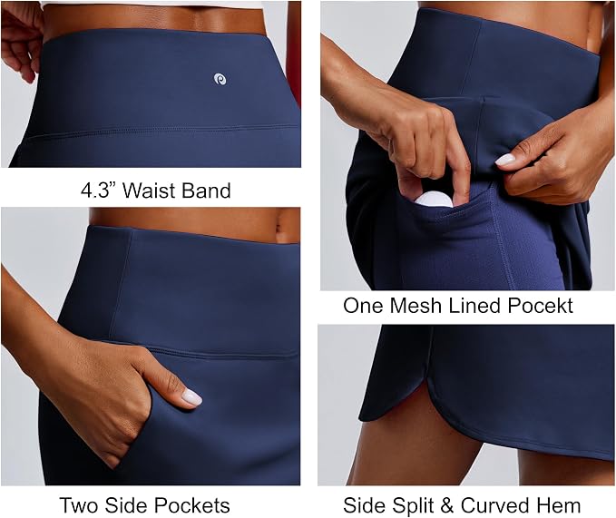 PINSPARK 18" Skorts for Woman Above Knee Length Golf Skirts 3 Pockets | High Waist, Built in Shorts, UV Protection, 4-Way Stretch, Soft, Dolphin Hem, Athletic, Tennis, Pickleabll, Casual