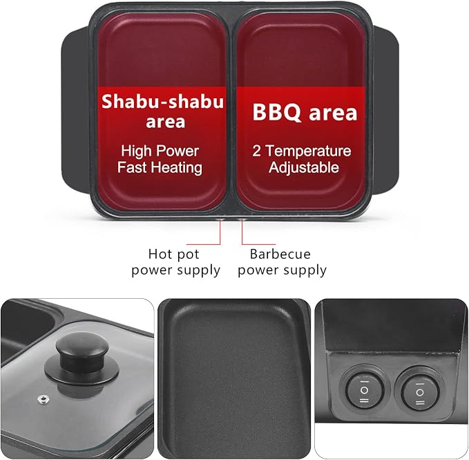Hot Pot with Grill,2 in 1 Indoor Non-Stick Electric Hot Pot and Frying Pan,Independent Temperature Control,Portable Multifunctional Smokeless Korean BBQ Grill for 1-2 People (Black)