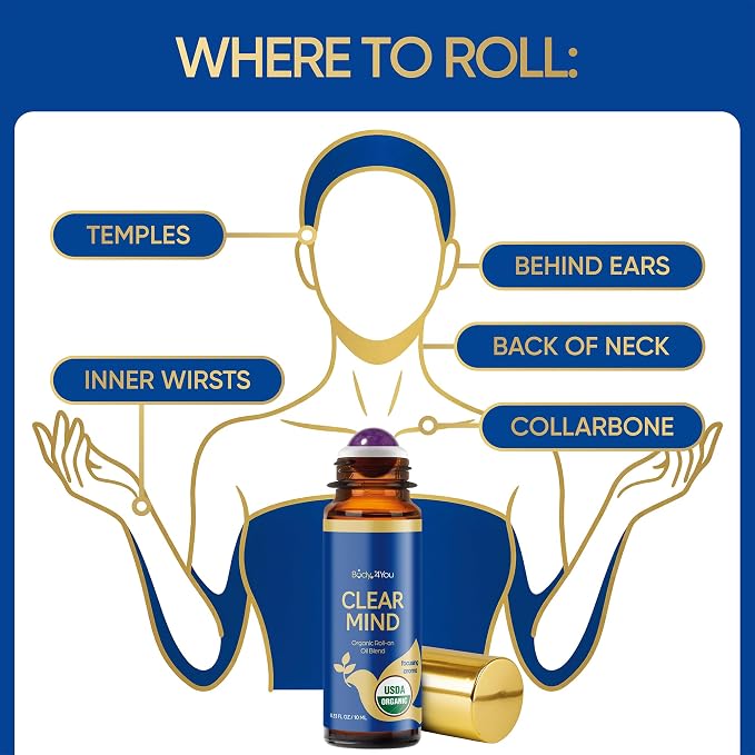 BodyJ4You Focus Essential Oil Blend - Mental Clarity Study Concentration | 100% Pure USDA Organic Jojoba MCT Lavender Frankincense - Clear Mind Roller Ball Roll-On Meditation Wrists - Amber Glass 10ml