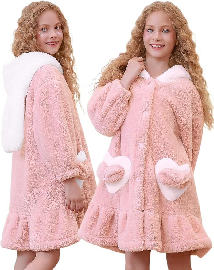 Girls Bathrobes Coral Fleece Button Down Hooded Robes Cute Rabbit Ears Bath Robe Fuzzy Warm Soft Sleepwear