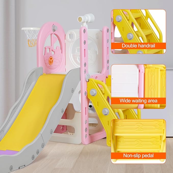 6 in 1 Toddler Playset Toddler Slide and Climber Playset, L-Shaped Kids Slide with Basketball Hoop, Telescope & Storage, Sturdy Indoor Outdoor Playground, for Boys Girls 1-3+