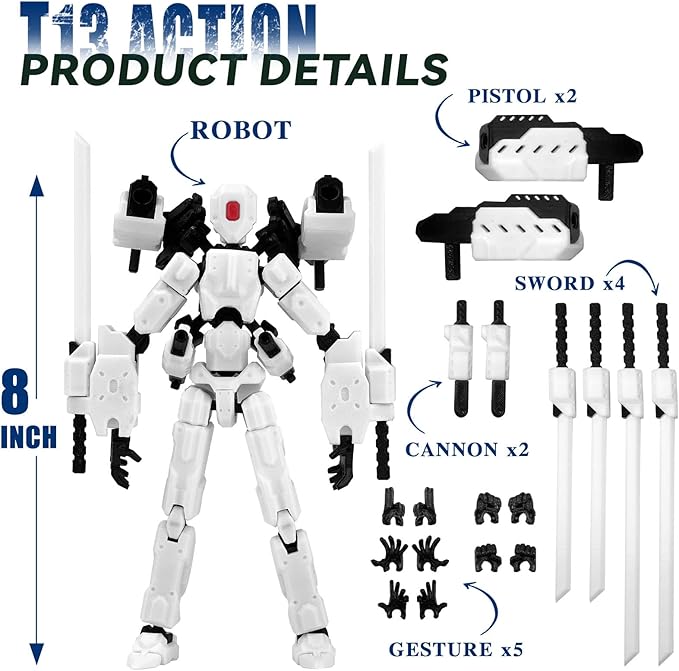 (Assembly Completed) 8 inch T13 Action Figure Set,T 13 Action Figure Multi-Articular Mobile Robot Nova T-13,Desktop Decorations for Game Lovers Toys (White)