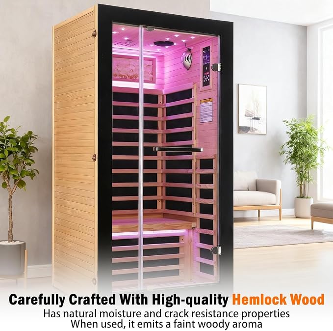 Sauna, 1-Person Far Infrared Sauna, Low EMF Indoor Home Sauna 1450W | Canadian Hemlock Wood Luxurious Dry Sauna with 7 Color Starry Ceiling & Speakers Fast Heating Easy Assembly 35.4x35.4x70.8"