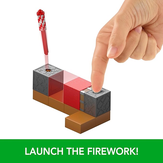 Mattel Minecraft Redstone Charged Series Action Figure & Accessories, Protector’s Firework Launcher Set with Launch Feature, 3.25-inch Scale Collectible Toy
