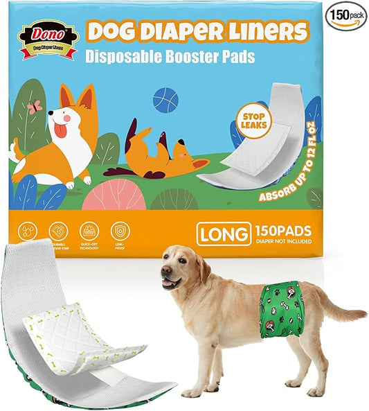 Dono Dog Diaper Liners for Male and Female Dogs, Super Absorbent Booster Pads, 150ct Disposable Doggie Diaper Inserts Fit Reusable Male Belly Bands, Wraps, Washable Period Panties (Long)