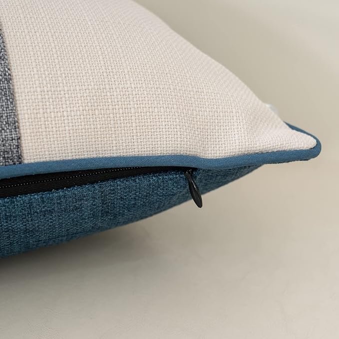 Patchwork Pillow Cover 20x20 Inch Luxury Cotton and Linen Cushion Cover Square Pillowcover for Couch Bedroom Living Room, Blue