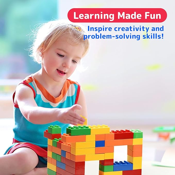 PREXTEX Building Blocks for Toddlers - 300 Jumbo Building Bricks with Carrying Box for Easy Storage - 5-Color Build Toys and Gift Set for Kids Ages 3 and Above - Compatible with Major Brands