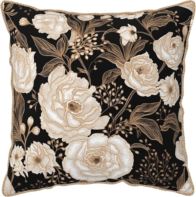 Vintage Peonies Roses Flower Velvet Pillow Covers 20x20 Inch Gold White Aesthetic Floral Leaves Throw Pillows For Couch Cushion Covers Pillowcase Farmhouse Pillow Cases for Sofa Bed Living Room
