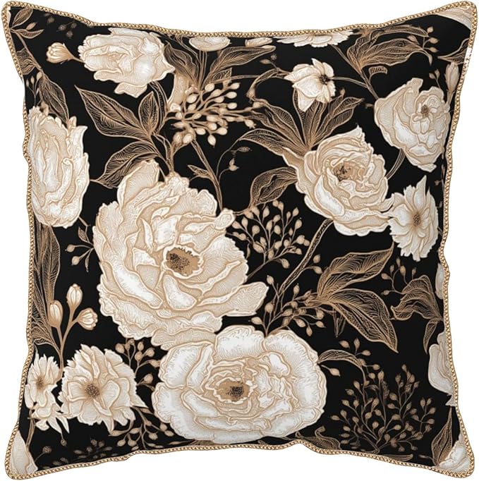Vintage Peonies Roses Flower Velvet Pillow Covers 16x16 Inch Gold White Aesthetic Floral Leaves Throw Pillows For Couch Cushion Covers Pillowcase Farmhouse Pillow Cases for Sofa Bed Living Room