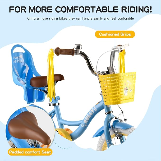 RULLY 12-16 Inch Girls Bike with Doll Seat Basket and Training Wheels for 2-6 Years Children