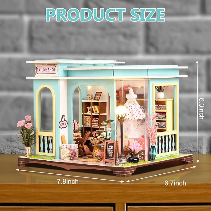 Foyucool DIY Miniature House Kit, Dollhouse Kit with LED Light, Mini House Building Kits for for Adult to Building, Christmas Home Decorations Gifts for Family and Friends, Tailor's Store