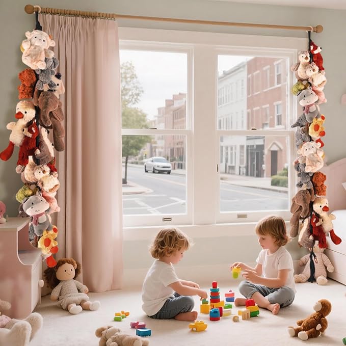 80" 2-Pack Cotton Hanging Storage Chain For Stuffed Animals Storage with 20 Metal Clips, Stuffed Animal Organizer Chain for Wall Corner Nursery Play Room, Black