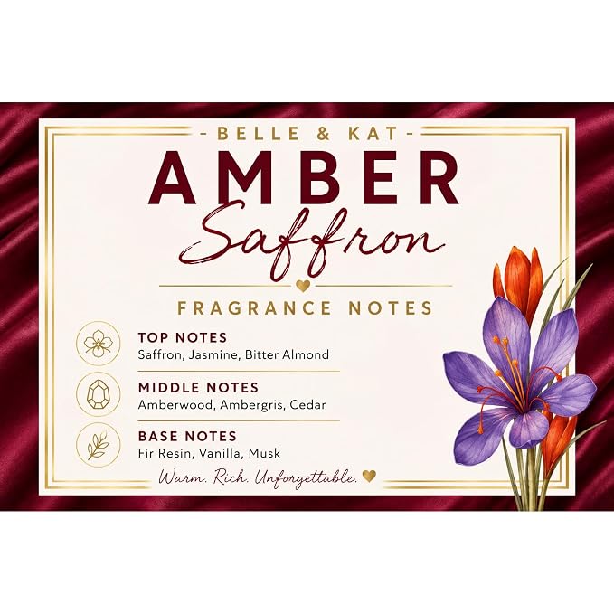 Body Dusting Powder for Men & Women Scented Amber & Saffron (our version of B. Rouge type), Bath Perfume Powder with Fragrance & Essential Oils, Talc Free 8oz Container with Soft Puff, Made in USA