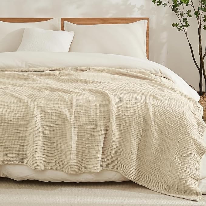 EMME Cotton Blanket Queen Size for Bed Soft Muslin Bed Blankets 90"x90" Beige Lightweight Breathable Bedspread Coverlet All Season Gauze