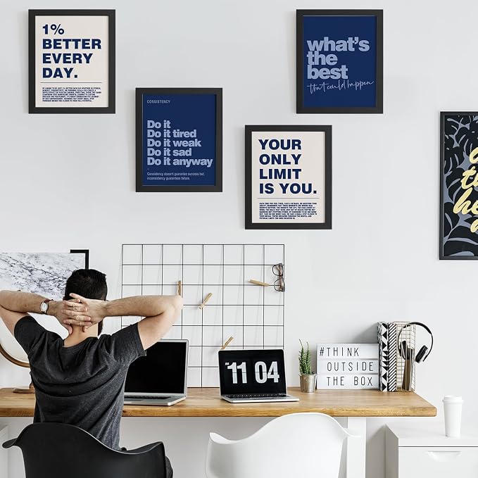 DSHFG Motivational Inspirational Office Wall Art Decor Prints 4Pcs | Navy Blue Office Motivational Wall Decor Trendy Retro Positive Affirmations Quotes Wall Decor Posters, 8x10 Unframed