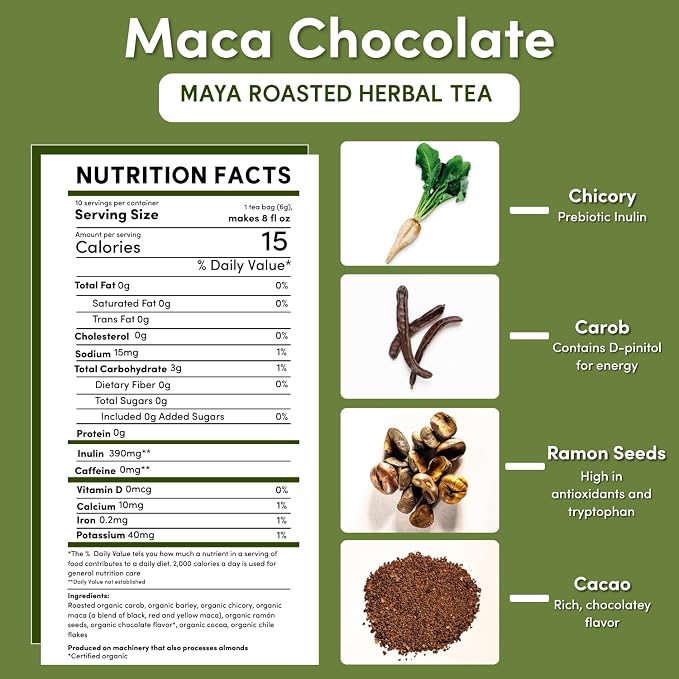 Teeccino Maca Chocolaté Herbal Tea - 10 Tea Bags - Rich & Roasted Herbal Tea That’s Caffeine Free & Prebiotic with Natural Energy from Adaptogenic Peruvian Maca, (Pack of 6)