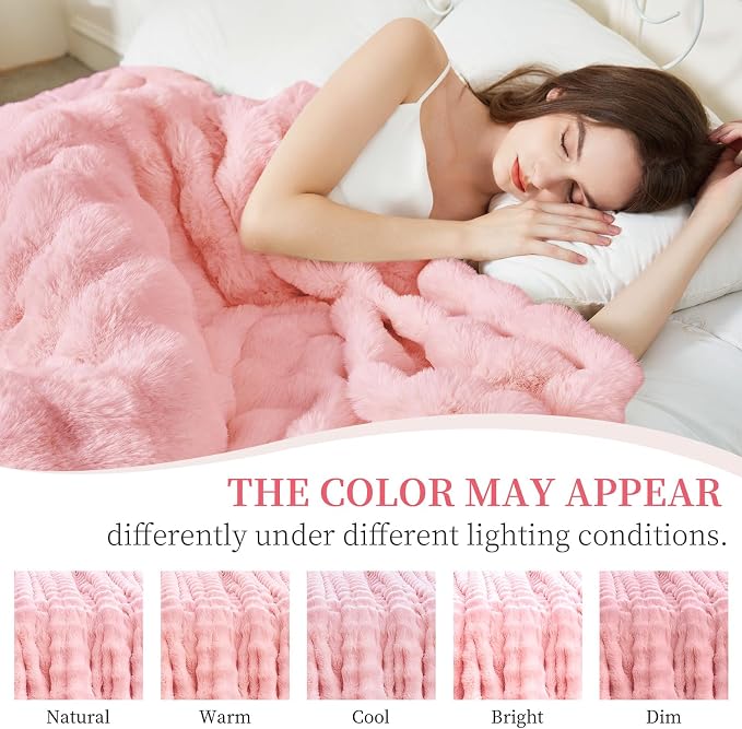 Faux Rabbit Fur Throw Blanket for Couch, Pink Throw Blankets 50"x60" | Cozy Reversible Fluffy Throw, Luxury Plush Thick Bubble Blanket, Mothers Gifts for Women, Soft Warm for Bed, Home Decor