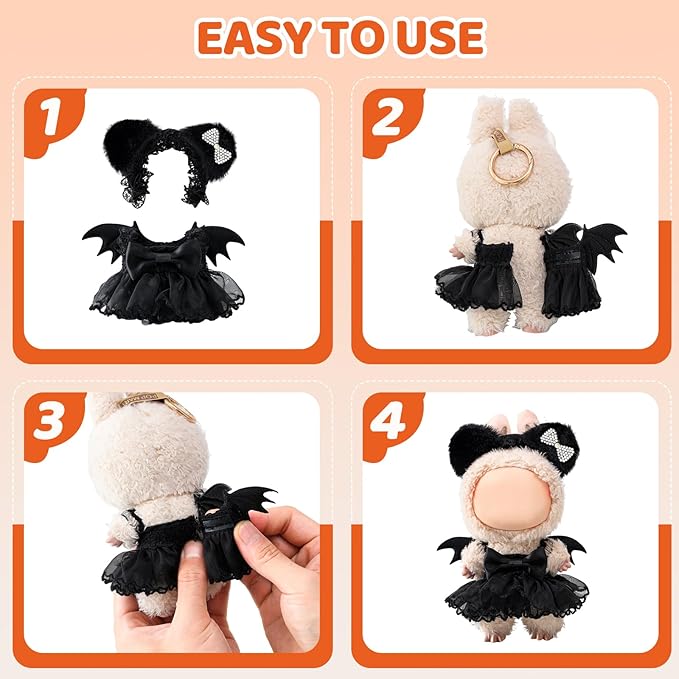 Clothes for labbuu Dolls - Cute Outfit for 6 3/4 Inch (17cm) labbuu Accessories, 2-Piece Doll Clothes Black (Doll Not Included) - Perfect for Collectors and Dress-Up (Halloween Bat Dress Set B)