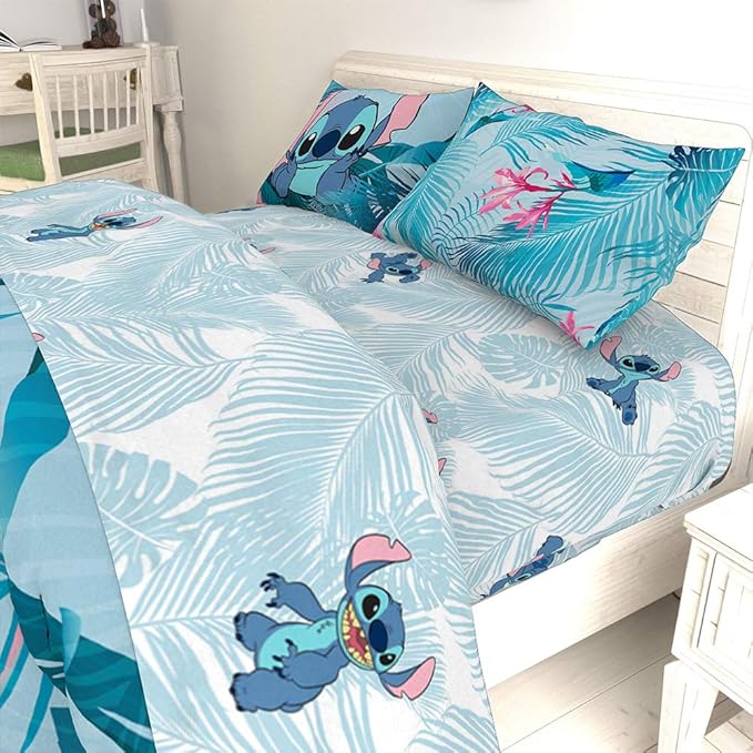 Jay Franco Kids Sheet Set with Fitted, Flat Sheets & Pillow Cover - Ultra-Soft Bedding with Pillowcase for Room Decor, Teal - Lilo & Stitch, 4 Piece Full