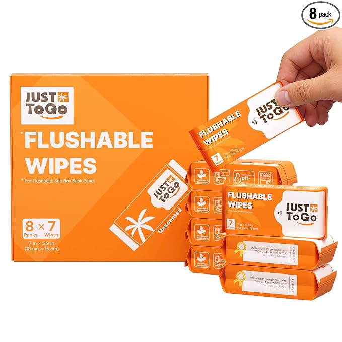 Flushable Wipes, Septic-Safe & Breaks Down, Plant-Based Biodegradable Butt Wet Wipes, Travel-Size Ultra-Compact Pocket Packs, Hypoallergenic Unscented for Sensitive Skin, 56 Count
