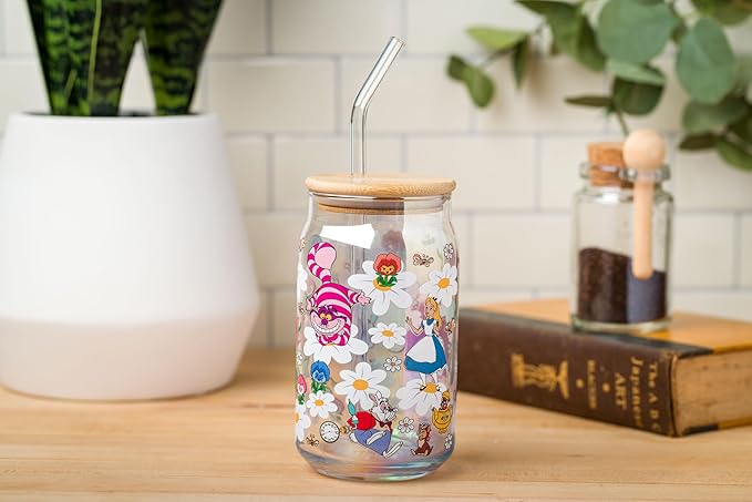 Silver Buffalo Disney Alice in Wonderland Wild Flower Glass Tumbler with Bamboo Lid and Glass Straw Featuring Alice, White Rabbit, Cheshire Cat, Dinah, Dormouse, and March Hare, 16 Ounces