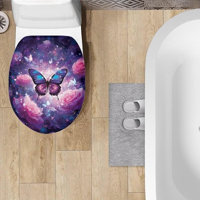 Purple Butterfly Toilet Lid Cover with Elastic Bottom for Bathroom Butterflies Toilet Seat Pads Universal Toilet Tank Cover Replacement Bathroom Dust Cover Replacement