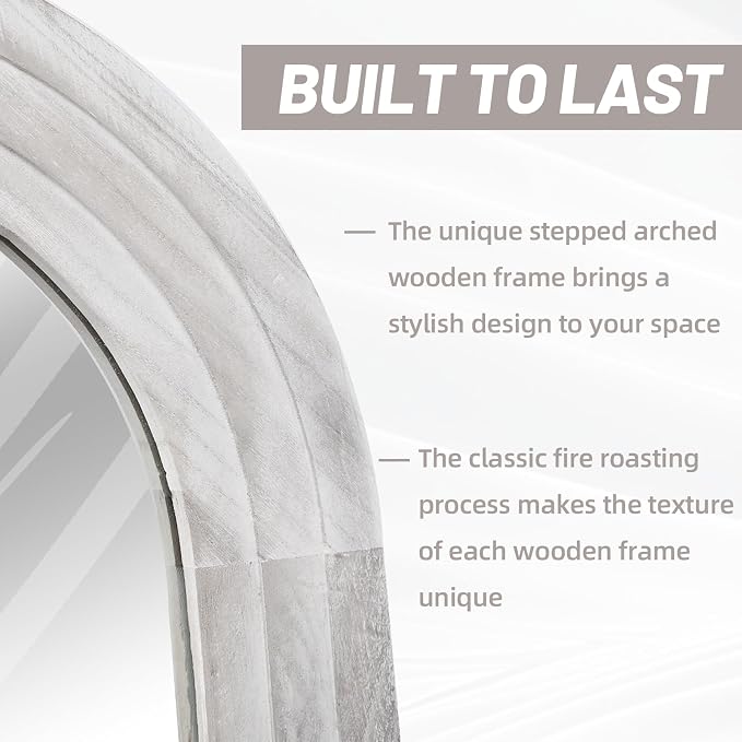 ZHUNFA Arched Full Length Mirror with Solid Wood Frame | 71x32 Farmhouse Wall Mirror Full Length with Stand, Vertical Hanging, Leaning Standing for Bedroom, Living Room, Rustic White