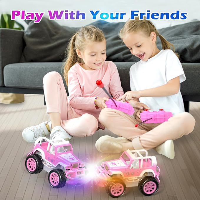 Qizebaby Pink RC Car for Girls, Remote Control Jeep Toy with LED Lights, Rechargeable Off-Road RC Truck, Gifts for Kids Girls Ages 3–7