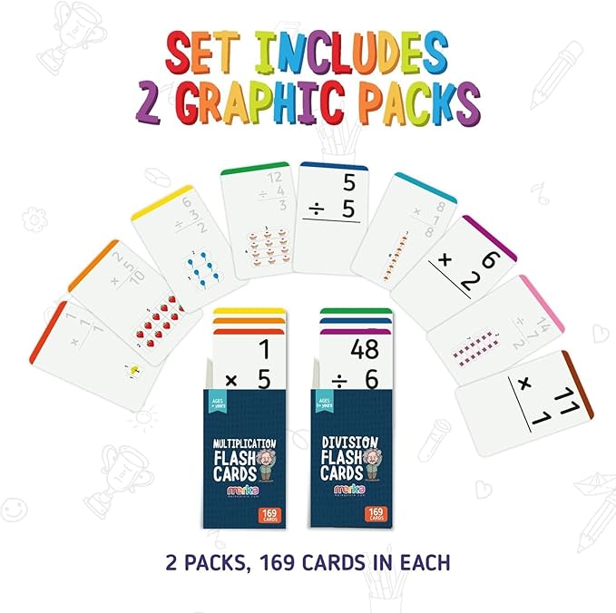 Merka Division & Multiplication Flash Cards - 2 Sets (338 Total Cards), Multicolor - Multiplication Facts to 12 for 3rd Grade - Division Flashcards with Dots for Visual Learning
