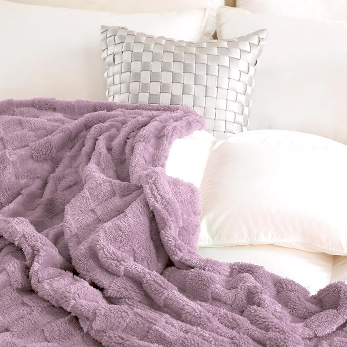 Light Purple Fleece Throw Blanket50”×60”Checkered Design for Couch | Super Soft Cozy Plush Microfiber 3D Square Pattern Flannel Blanket for Sofa Bed Lightweight for Adults,Women