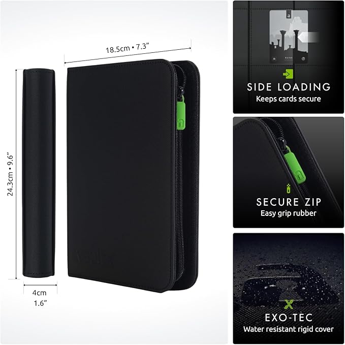 Vault X 4 Pocket Zip Binder, 160 Cards, Exo-Tec Material, 20 Side-Loading Pages (Black)
