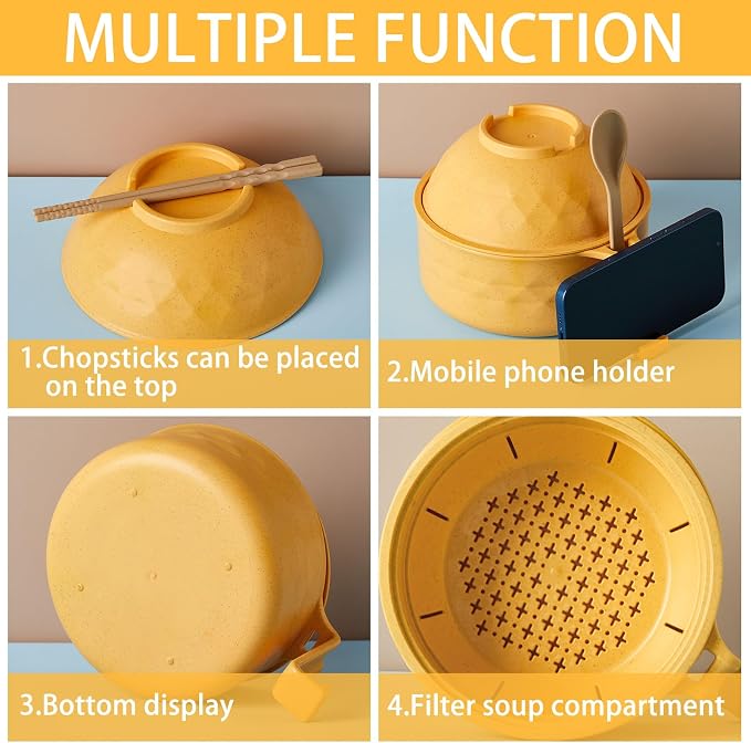 1 Set Microwave Ramen Cooker 40oz Wheat Straw Microwave Noodle Bowl Set with Chopsticks, Spoon, Fork, College Dorm Office Apartment Essentials (Yellow)