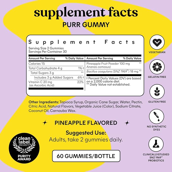 Lemme Purr Vaginal Probiotic Gummies for Women - Balanced pH, Healthy Odor, Yeast Balance & Flora Support + Vitamin C for Immune Health - Tasty Pineapple (60 Count)