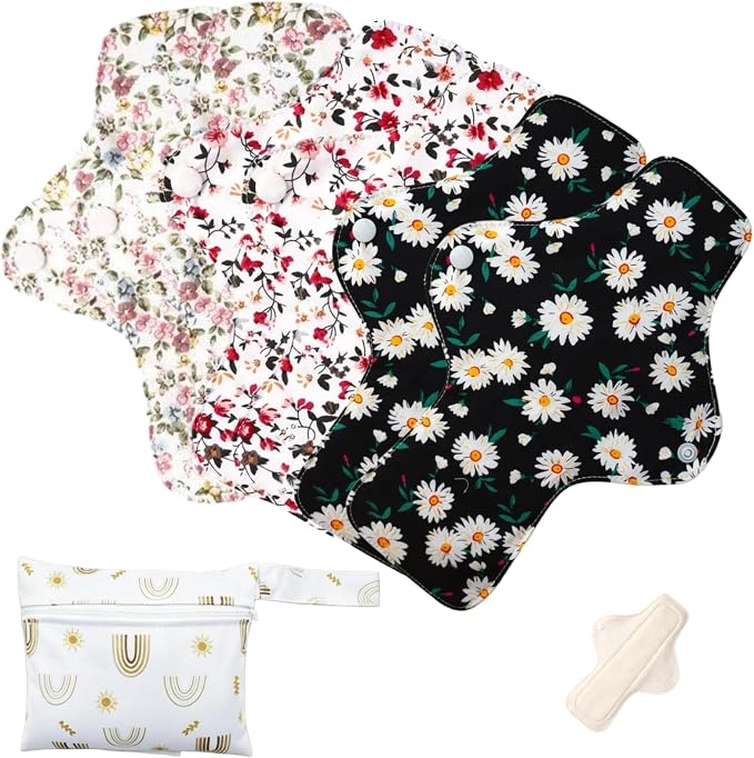 Washable Menstrual Pads,Reusable Incontinence Pads,Panty Liners Pads,Period Pads Sanitary Napkins,with 1 Storage Bag,for Women Postpartum/Incontinence Patients(Cotton Colored flower/M/6pcs)