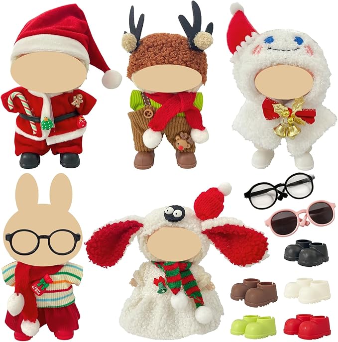 5 Pack Christmas Doll Clothes Set for 15-18cm Plush Toys – Santa, Reindeer, Snowman Costumes with Shoes, Scarves & Glasses Accessories (No Dolls) (Christmas Outfit)