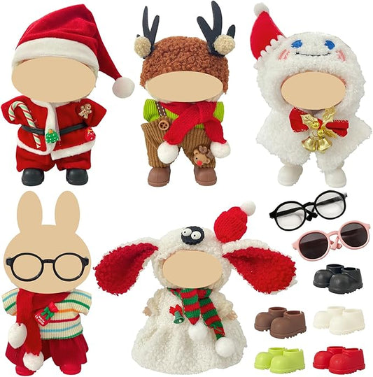 5 Pack Christmas Doll Clothes Set for 15-18cm Plush Toys – Santa, Reindeer, Snowman Costumes with Shoes, Scarves & Glasses Accessories (No Dolls) (Christmas Outfit)