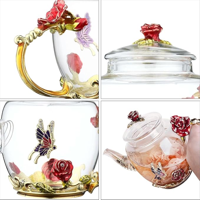 Glass Teapot -300 ml (10 oz), Flower Decoration Heat Resistant Glass Teapot Kettle with Golden Leaf Edge Color Floral Pattern Retro Teapot Tea Party Set (Red)