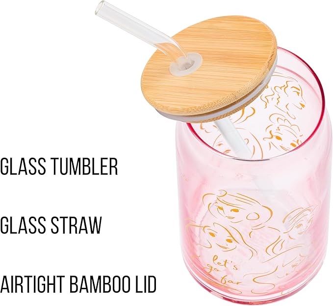 Silver Buffalo Disney Princess Glass Tumbler with Bamboo Lid and Glass Straw Featuring Pocahontas, Tiana, Snow White, Ariel, Belle, Jasmine, Rapunzal, Cinderella, and Moana, 16 Ounces
