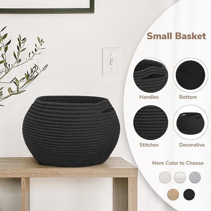 Goodpick Round Woven Storage Basket for Shelves, 12.5" x 8.3", Black | Small Rope Basket with Handles, Holds Blankets, Toys & Nursery Essentials, Decorative Basket for Living Room & Home Décor