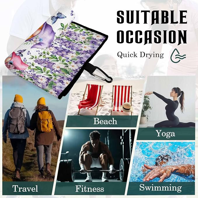 Blue Purple Gnomes Golf Towel with Clip, Spring Country Hydrangea Flower Leaf Large Microfiber Women Men Sports Work Out Disc Golf Bag Towel for Yoga, Gym, Fitness, Swimming Towels Accessory