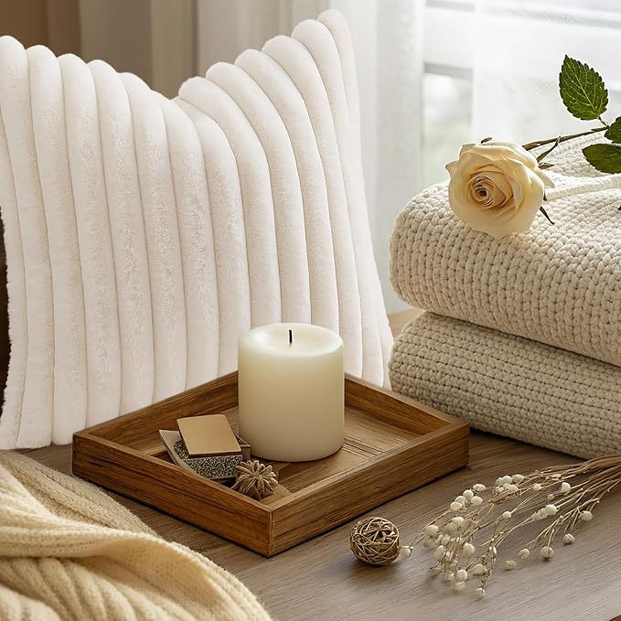decorUhome Fall Faux Fur Throw Pillow Covers 26x26 Set of 2 Cream White | Decorative Soft Cozy Striped Plush Modern Farmhouse Boho Couch Pillow Cases Velvet Back for Sofa Bed Living Room Home Decor