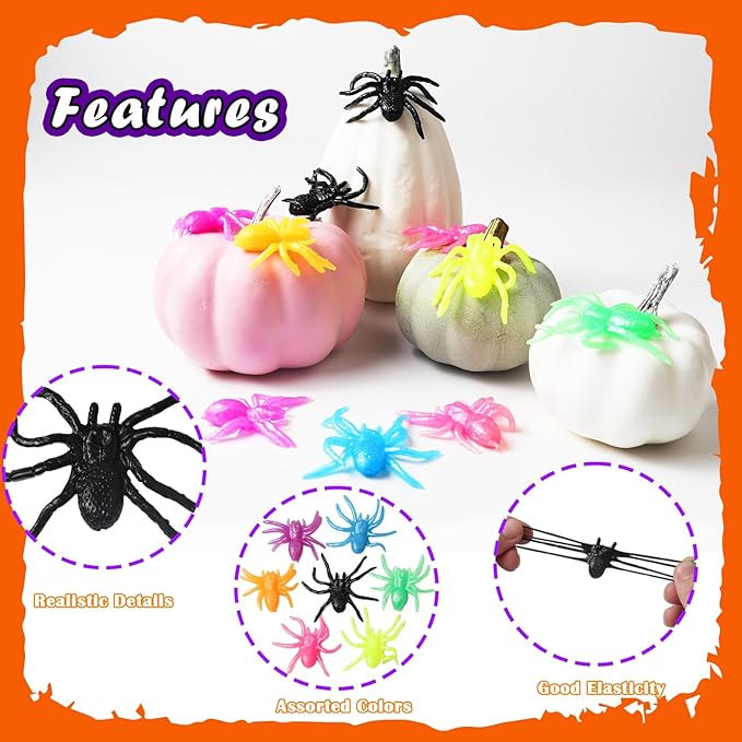 50pcs Halloween Stretchy Spider Toys,Assorted Color Stretchy Spider Squishy Sticky Toys for Trick or Treat Goodies Bags Filler Classroom Rewards
