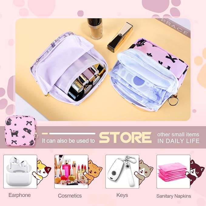 Likesing Tampon Holder for Purse, Canvas Period Bag Sanitary Napkin Storage Bag for Girls Womens, Portable Feminine Emergency Pad Period Pouch(Bow-Tie Black Cat)