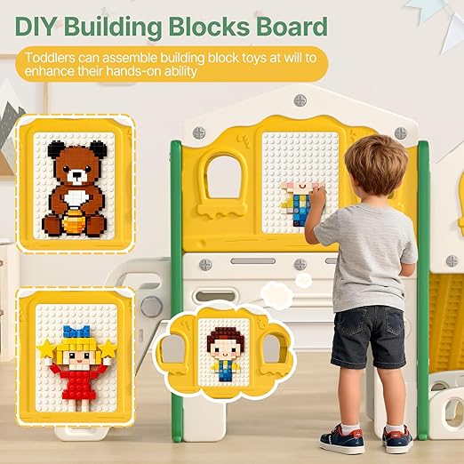BIERUM 9 in 1 Toddler Slide Set - Baby Slide for Toddlers 1-3 with Colorful Lights, Drawing Board and Building Blocks Board, Indoor Outdoor Toddler Playset Playground, Green Yellow