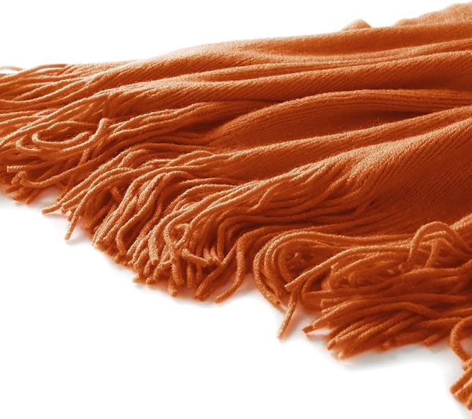 Homiest Dark Orange Knitted Throw Blanket with Fringe, 50x60 Inch | Pure Acrylic, Lightweight & Breathable, All-Season Use, Machine Washable, Wrinkle & Fade Resistant, for Couch Sofa And Bed