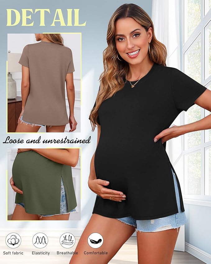 Ficerd 3 Pack Women's Maternity T Shirts, Short Sleeve Side Split Pregnancy Tops Casual Crew Neck Pregnant Tees Mama Clothes