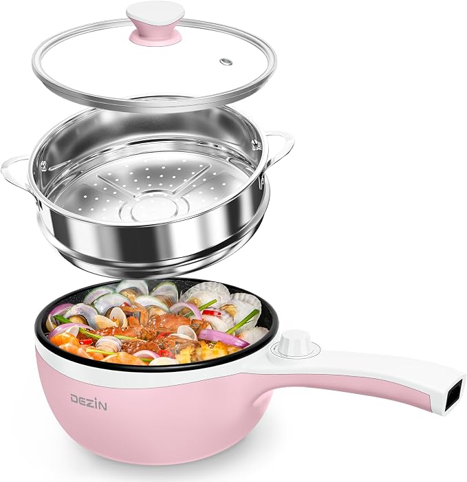 Dezin Electric Pot with Steamer, 1.5L Non-Stick Portable Hot Pot Electric | Dual Power, Upgraded 600W Electric Pot for Cooking Steak, Egg, Soup, Ramen Cooker for Dorm, Travel, RV, Office, Pink Pan