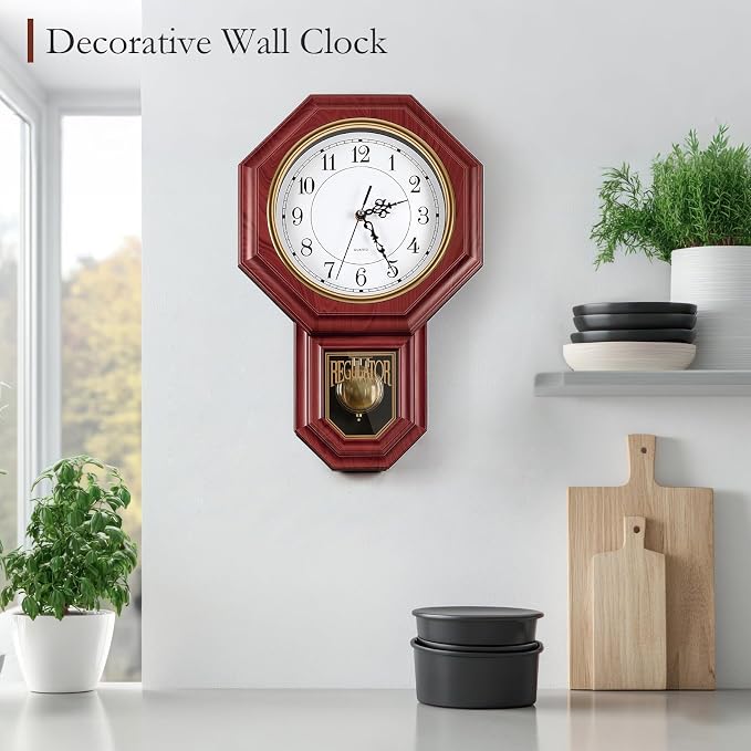 Pendulum Wall Clock,Imitation Wood Plastic Regulator Wall Clocks,Red | Battery Operated,Non-Ticking,Retro Wall Decor Gift,Easy to Read,For Living Room,Dining Room,Schoolhouse,Farmhouse