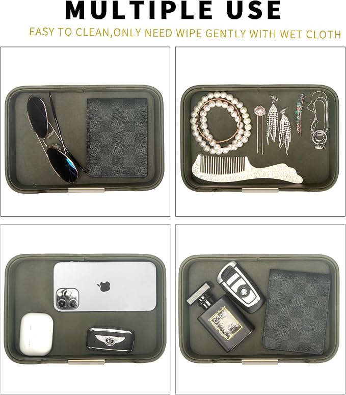 Luxury Leather Tray Organizer, Valet Tray Key Bowl (Khaki Green) | Key Catchall Tray for Entryway Table Desktop Storage, Decorative Tray for Jewelry Keys Wallet Phone Watch, Metal Gilded